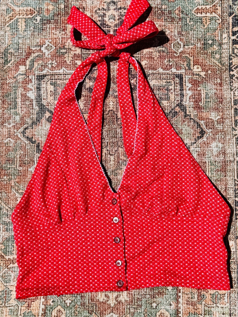Free People Red Micro-Dot Halter Tie-Back Crop Top